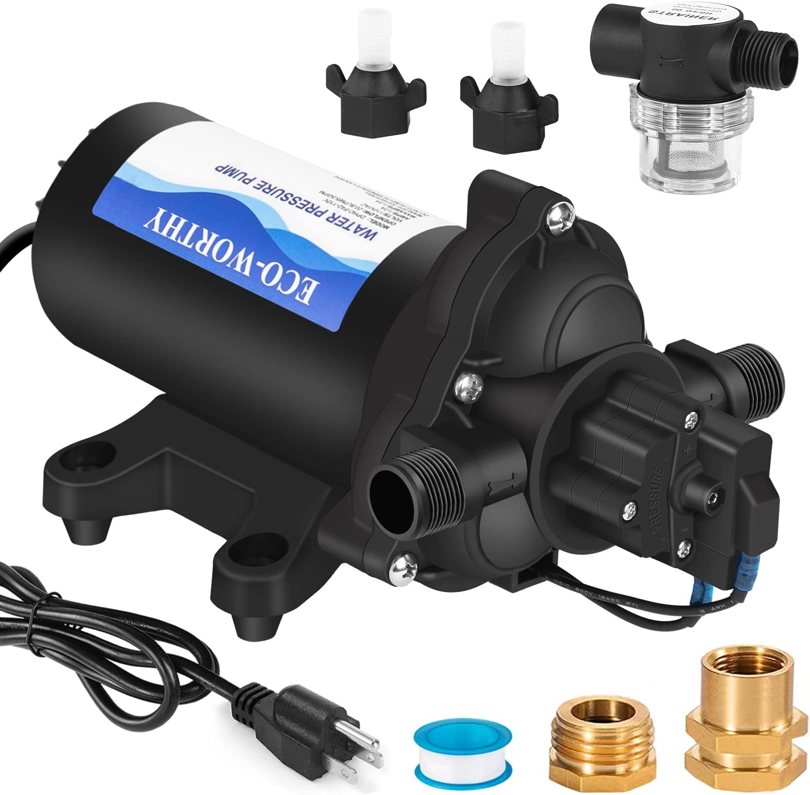 ECO-WORTHY 33-Series Industrial Water Pressure Pump 110V AC 4.0GPM 50PSI RV Fresh Water Diaphragm Pump Include Garden Hose Adapters for Irrigation Marine Boat Sprinkler Faucet