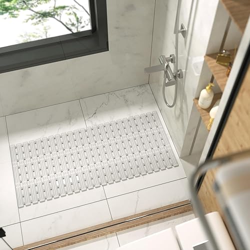Miniatura 7 de HITSLAM Tapete de ducha antideslizante de 27 x 16 pulgadas para bañera, tapete de ducha de TPE con agujeros de drenaje y ventosas, tapete de baño,