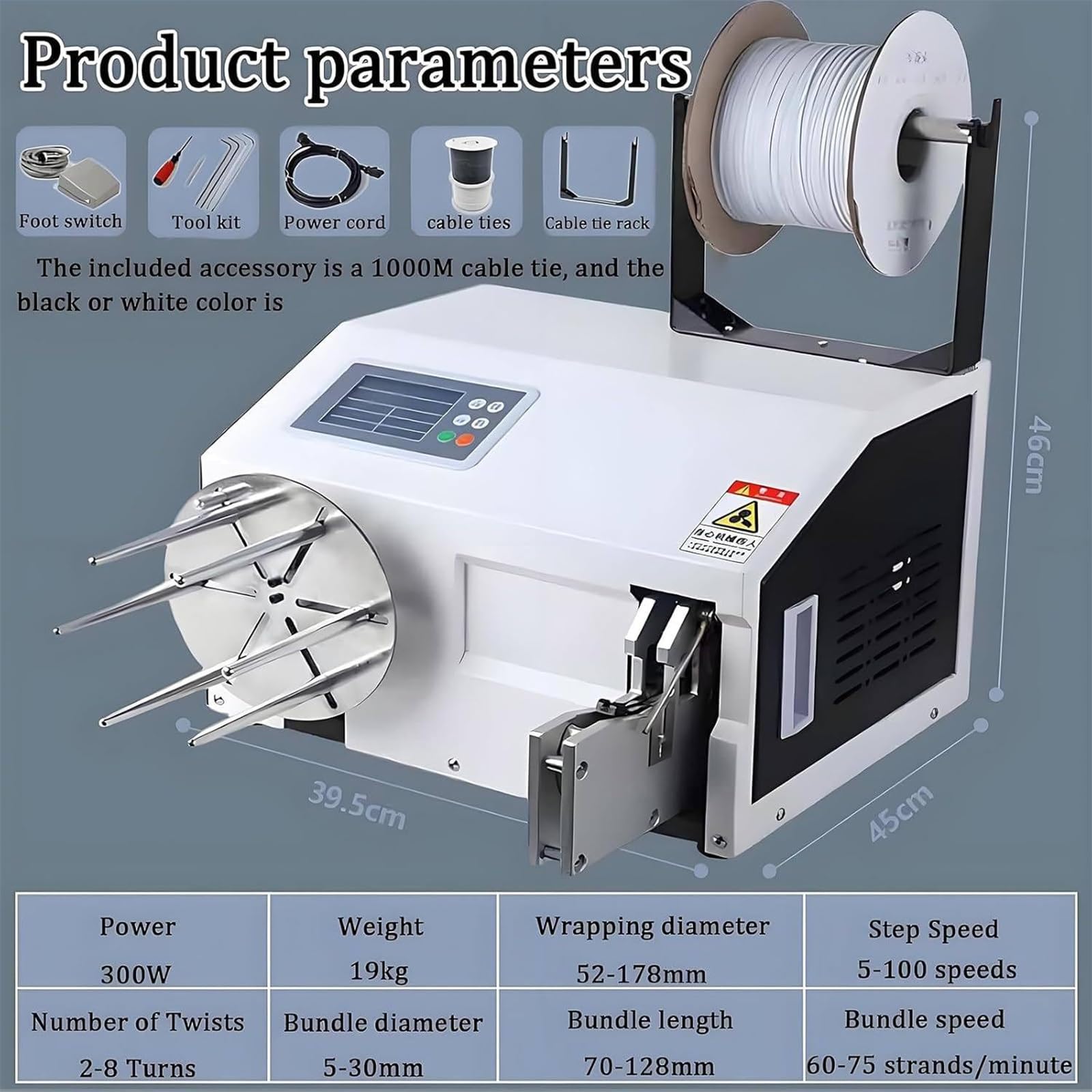 Cravatta elettrica con display LCD, pedale, lunghezza e velocità di rotazione regolabili, diametro del fascio di 5-30 mm, strumento di rilegatura del sensore per un imballaggio efficiente