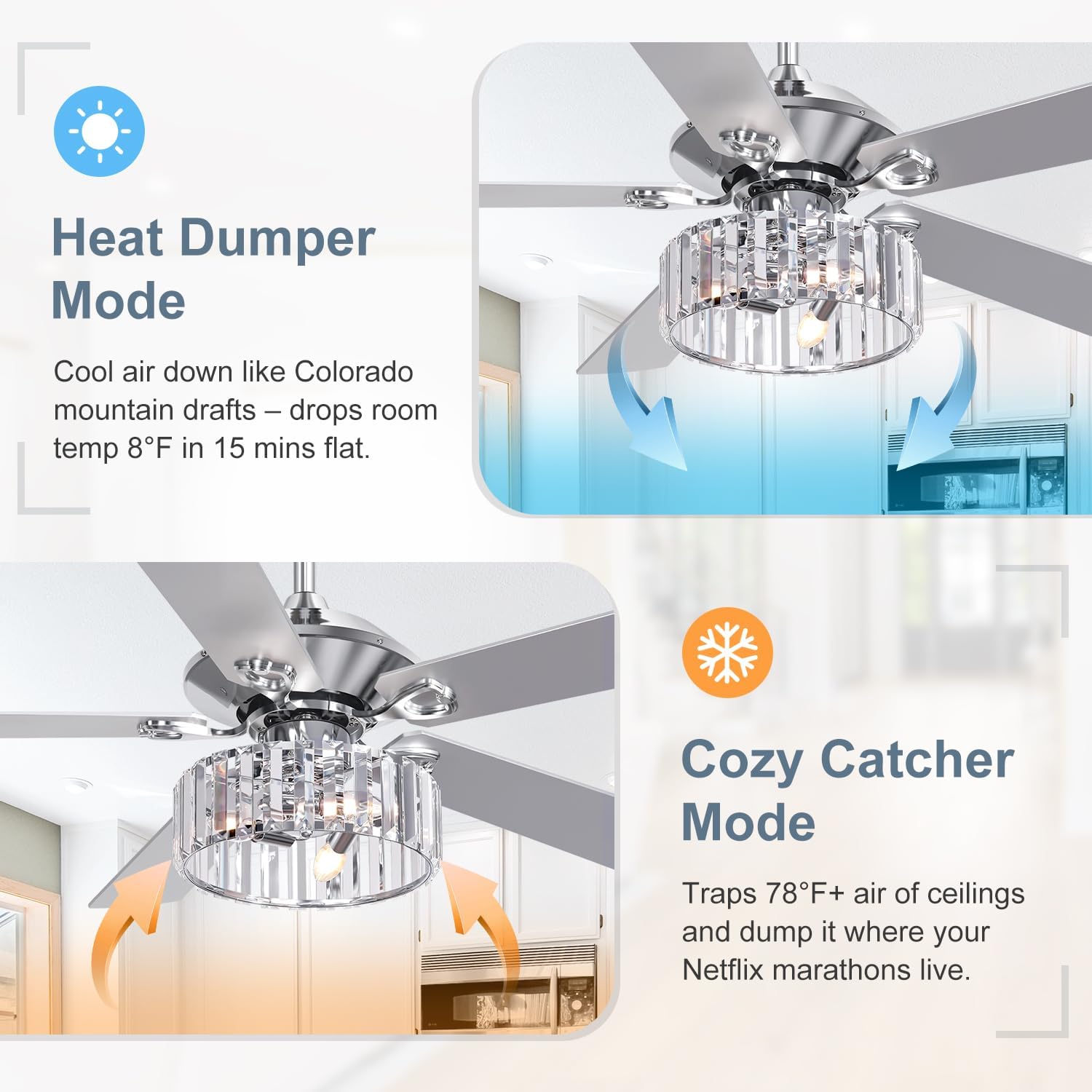 ZYD 52" Ceiling Fan with Light, Farmhouse Ceiling Fans with Lights and Remote, Industrial Chandelier Fan with Downrod, Ceiling Fans with Crystal Light, Crystal Ceiling Fan for Bedroom, Living Room
