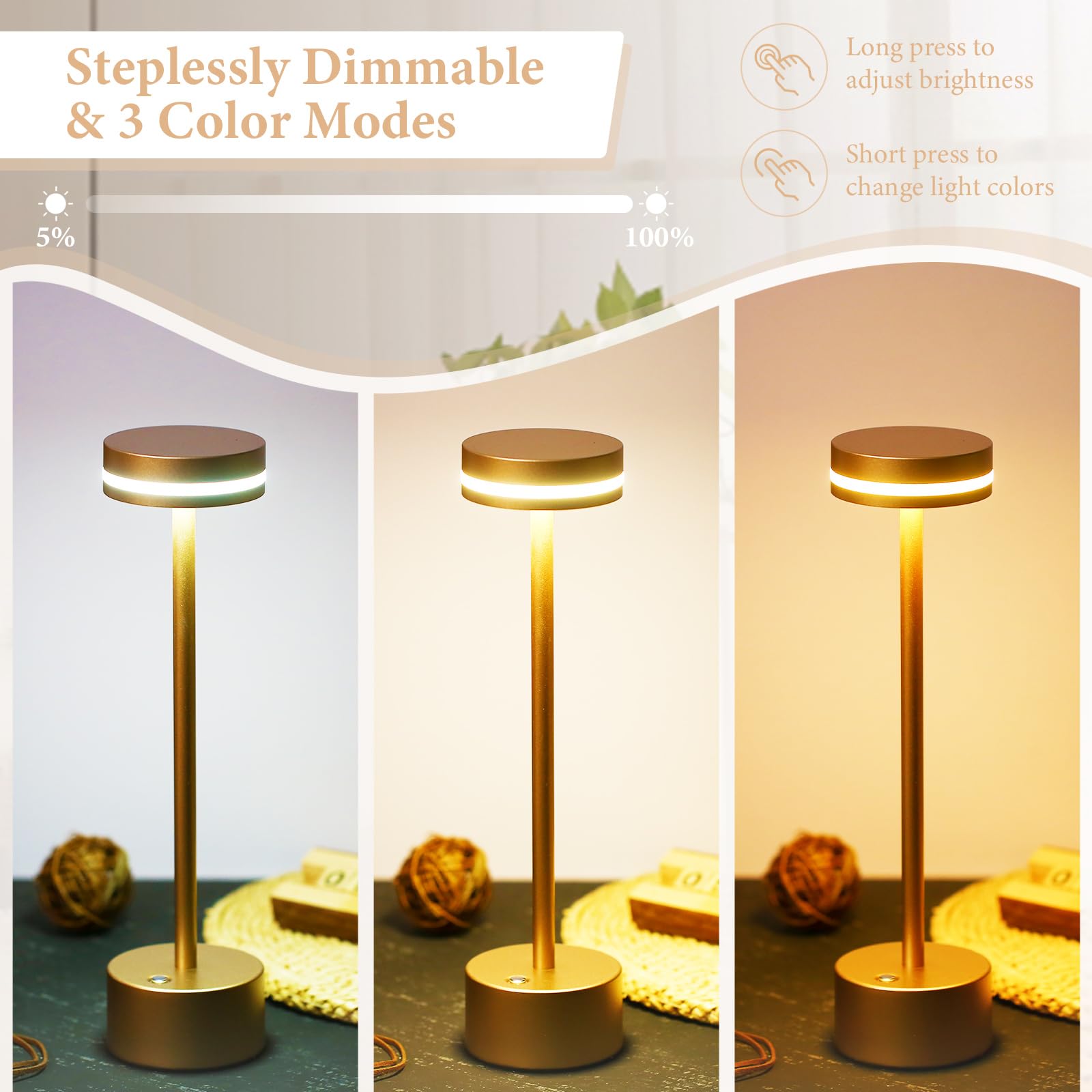 LED Cordless Table Lamp Metal Bedside Nightstand Lamp Touch Control Stepless Dimmable 3 Light Colors 4000mAh Rechargeable Desk Lamp Night Light for Bedroom Dining Room Bar Restaurant Coffee Shop - Image 3