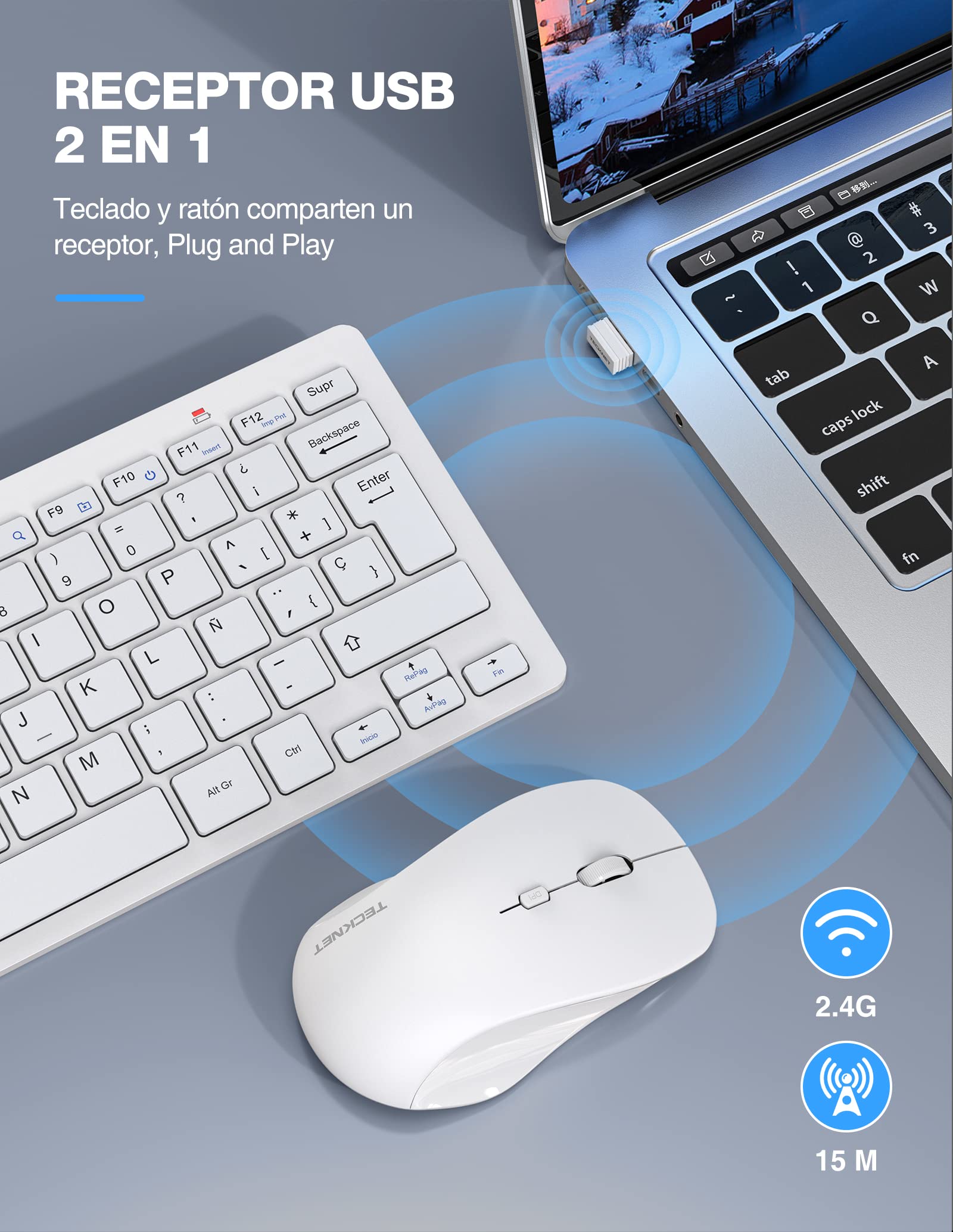 Mini Teclado y Raton Inalámbrico Ultra Delgado, TECKNET 2.4G Ergonómico Teclado, Toque Silencioso, Distancia de Rrabajo de 15 M, Portátil Teclado y Mouse per PC/Smart TV/Ordenador (Español,con la Ñ)