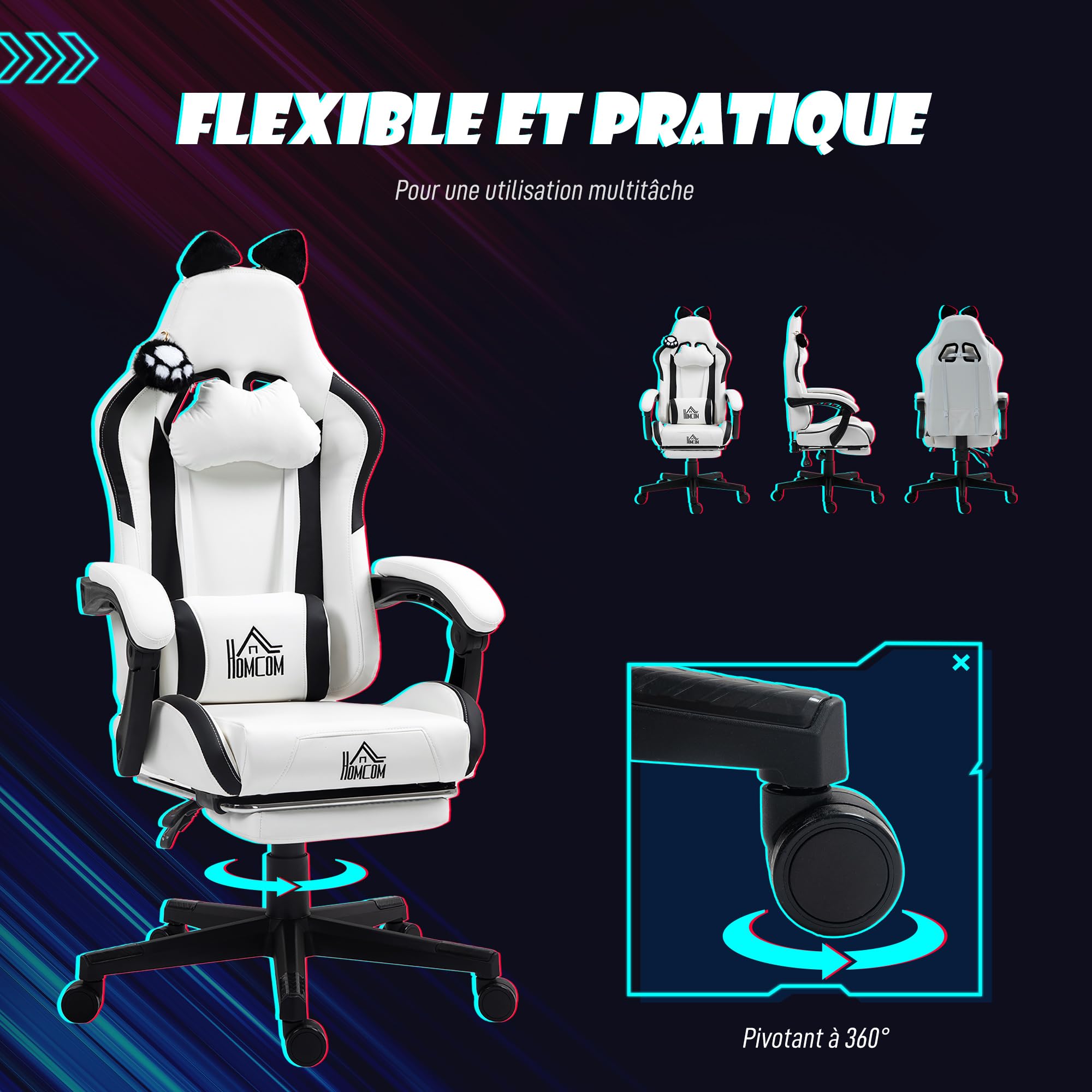 HOMCOM Chaise Gaming Ergonomique avec Oreilles de Chat Fauteuil Gamer Blanc