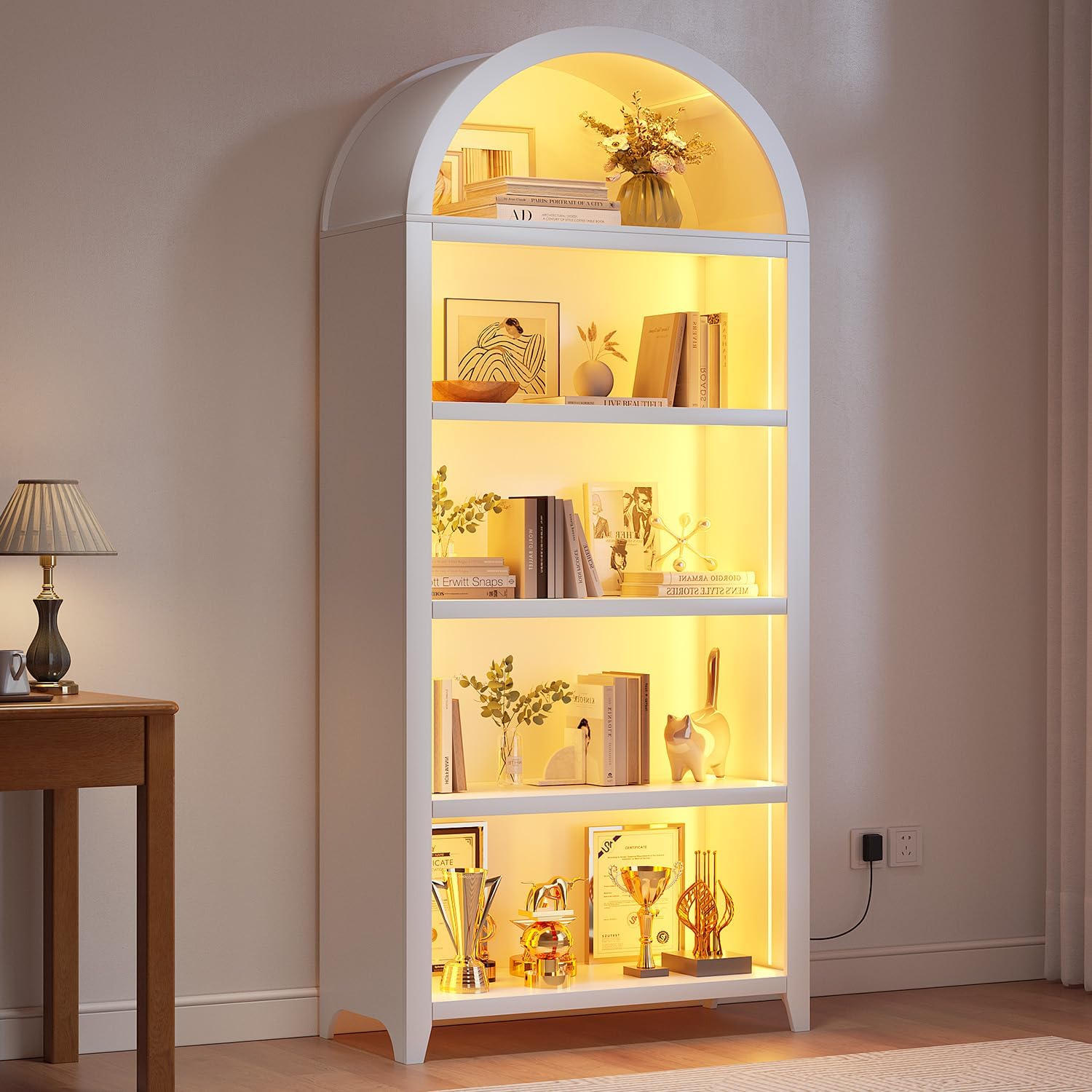 Arch Bookcase - 5 Tiers Bookshelf with 3 Colors LED Sensor Lights and Thickened Wooden Design Display Shelf for Lego Books Bathroom Living Room - Ideal Gift (White)