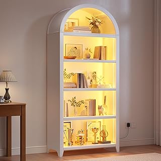 Arch Bookcase - 5 Tiers Bookshelf with 3 Colors LED Sensor Lights and Thickened Wooden Design Display Shelf for Lego Books Bathroom Living Room - Ideal Gift (White)