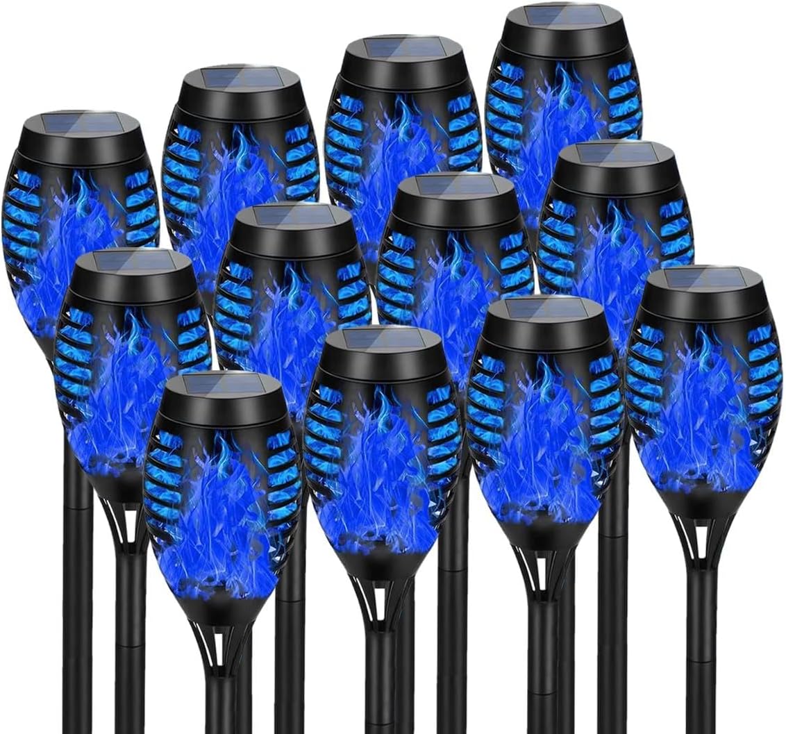 Colorful/Blue/Purple/Green Solar-Powered Flashlight Torches for Outdoor use, Dancing and Flickering Flame Torches for Landscape Decoration, Suitable for Paths, lawns, terraces (12 Pcs)