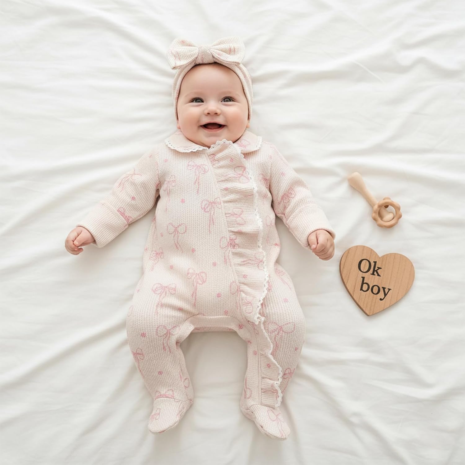 allshope Newborn Baby Girl Fall Outfit Romper Footies Waffle Bow Zip Up Footed Jumpsuit Ruffle Trim Infant Clothes - Image 6