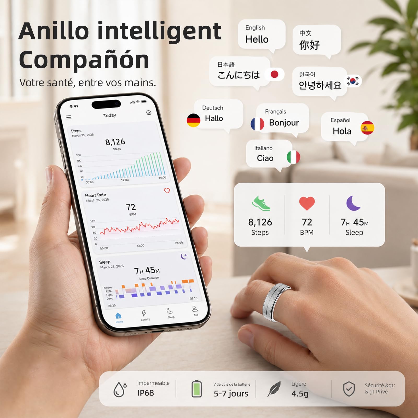 Smart Ring Suivi de la santé du Sommeil Tracker de fréquence Cardiaque