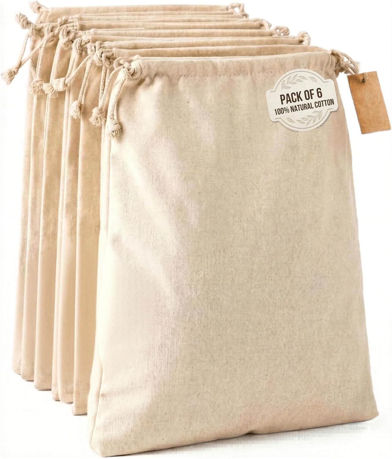 Cotton Canvas Storage Bags, XL 14x17 (6 Pack)–Reusable Muslin Drawstring Fabric Sacks, Bread Bags for Homemade & Sourdough Bread, Grocery & Produce Storage, Washable Food Storage for Travel & Shoes