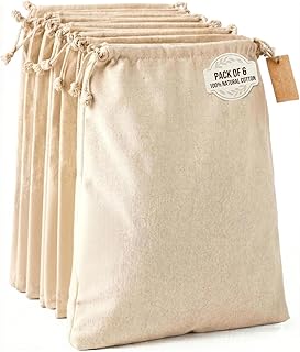 Cotton Canvas Storage Bags, XL 14x17 (6 Pack)–Reusable Muslin Drawstring Fabric Sacks, Bread Bags for Homemade & Sourdough Bread, Grocery & Produce Storage, Washable Food Storage for Travel & Shoes