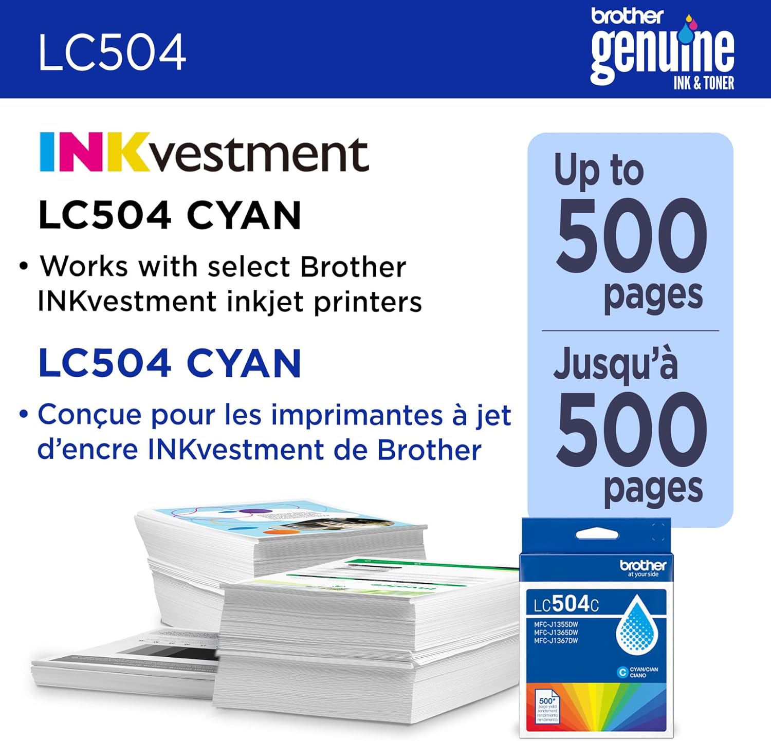Brother Genuine LC504C Standard Yield Cyan Ink Cartridge (for use INKvestment 1355, 1365, and 1367 Printers)