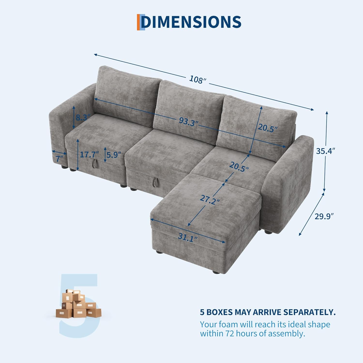 L-Shape Sectional Sofa with Storage, 108" Modular Cloud Couch, 4-Seater Sofa Bed with Ottoman, Chenille Fabric with Hidden Storage for Small Spaces(Gray 4-Seater)