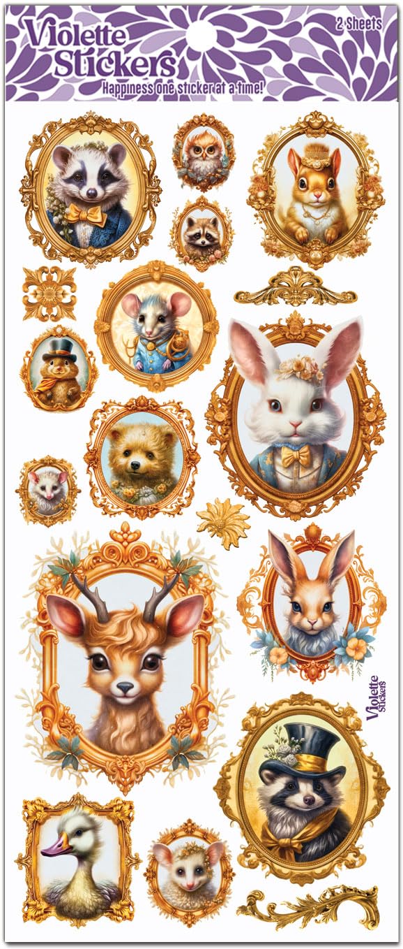 Gold Framed Critter Portrait Stickers by Violette Stickers