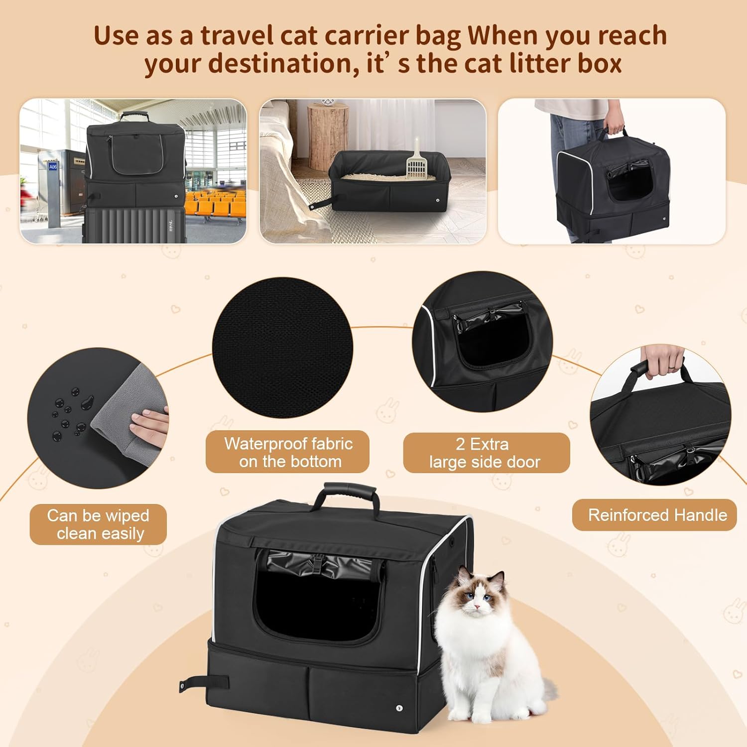 Cat Enclosed Travel Litter Box Kit with Lid Odorless Dustless, Lightweight Cat Portable Foldable Litter Box for Indoor and Car