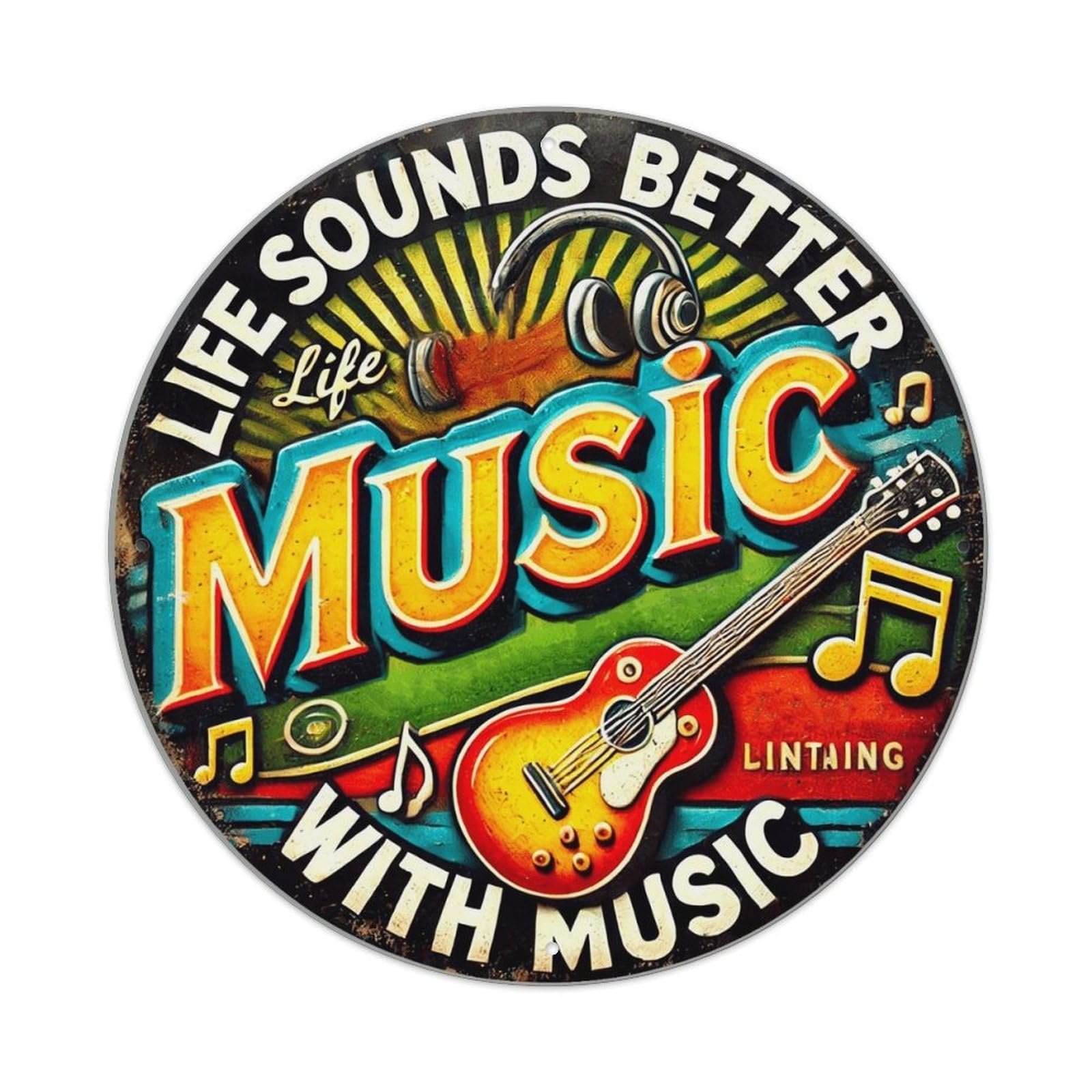 Life Sounds Better With Music Tin Sign Metal Poster Vintage Metal Signs for Home Man Cave Bar Cafe Kitchen laundry room Wall Decorations 8x8 inches