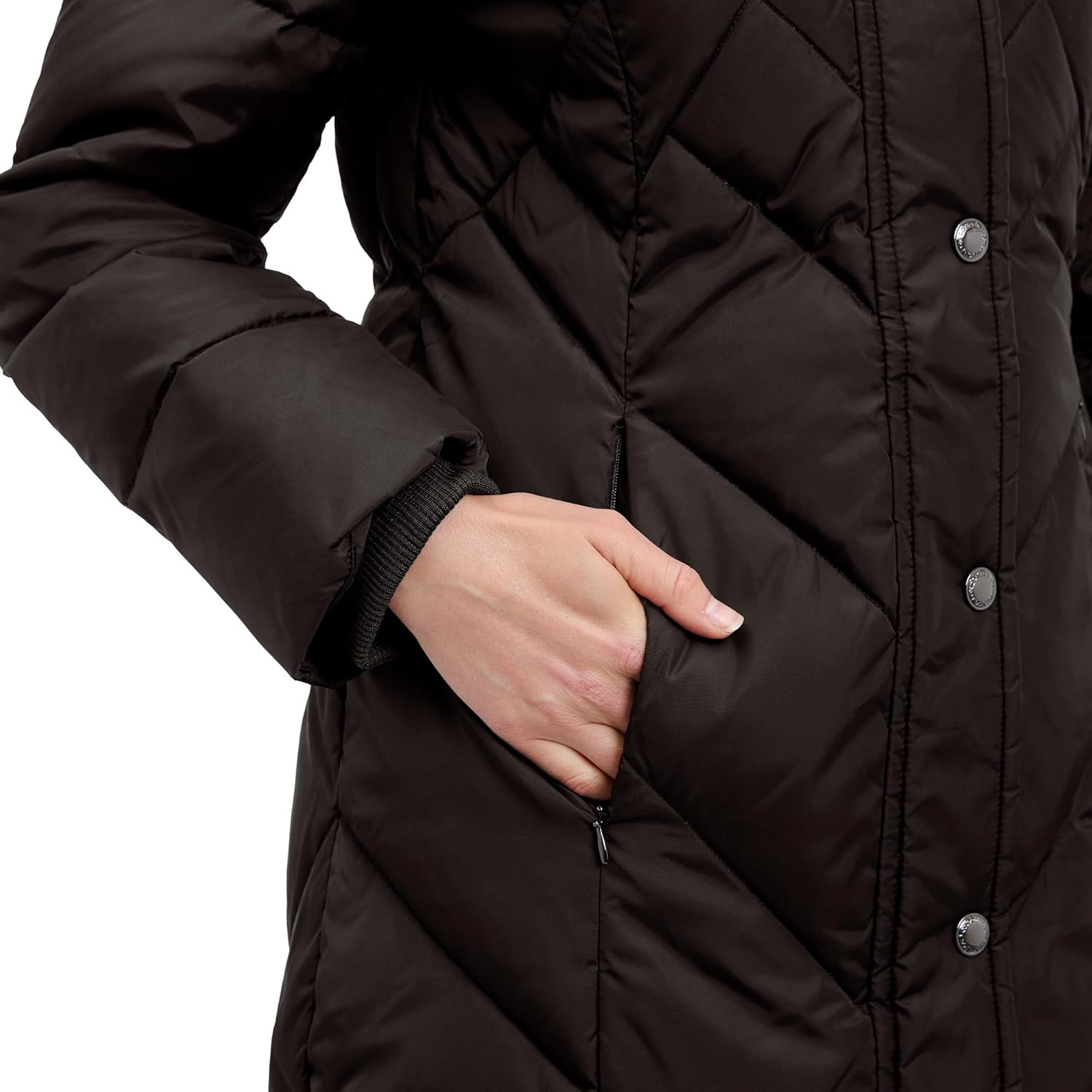 LONDON FOG womens 36" Snap Front Down Coat With Multi Pattern Quilt and Hood - Image 3