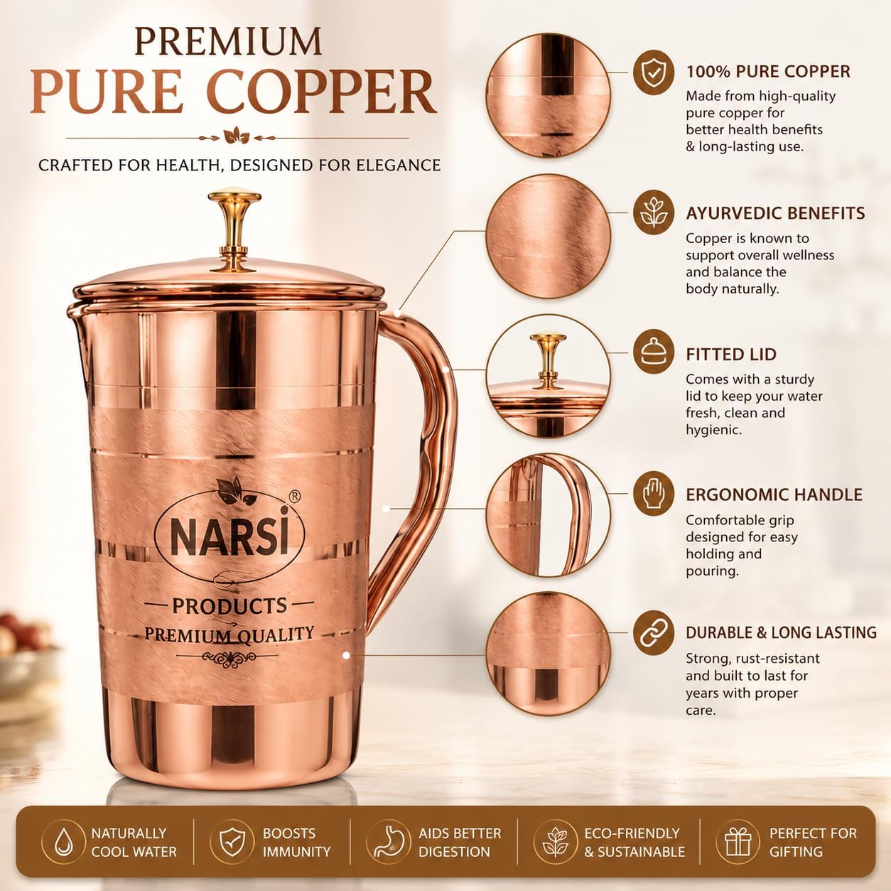 NARSI Pure Copper Water Jug with Lid 1500 ml/50.7 oz, Copper Jug for Drinking Water, Handcrafted Copper Pitcher for Water Storage, Traditional Copper Drinkware for Home, Kitchen & Dining