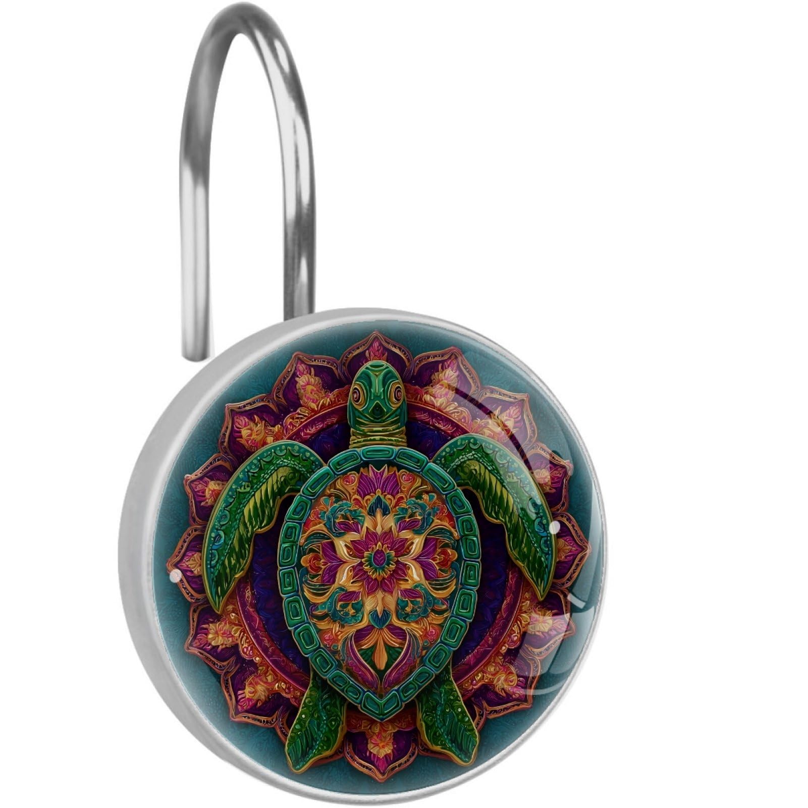 VAPOKF Shower Curtain Hooks, Green Mandala Turtle Rust Proof Decorative Shower Curtain Rings, Modern Farmhouse Designer Shower Curtain Hangers for Bathroom, 12Pcs