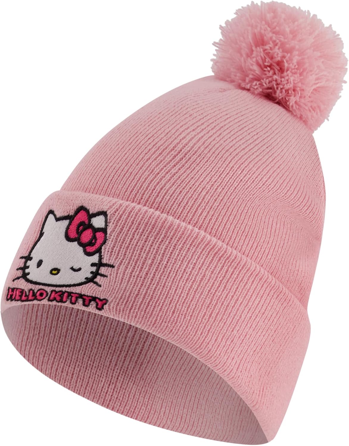 Hello Kitty Beanie Hat and Gloves Set, Girls Cuffed Winter Knit Cap with Pom and Matching Mittens, Blush, One Size