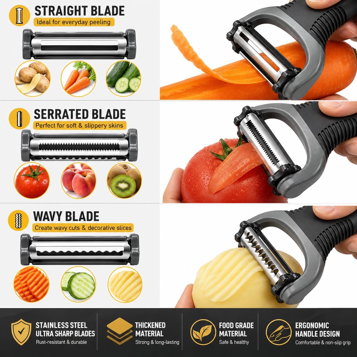 Kitchen Peeler 4-Pc Set, 3-in-1 Rotary Julienne, Swivel, Citrus & Brush image 4