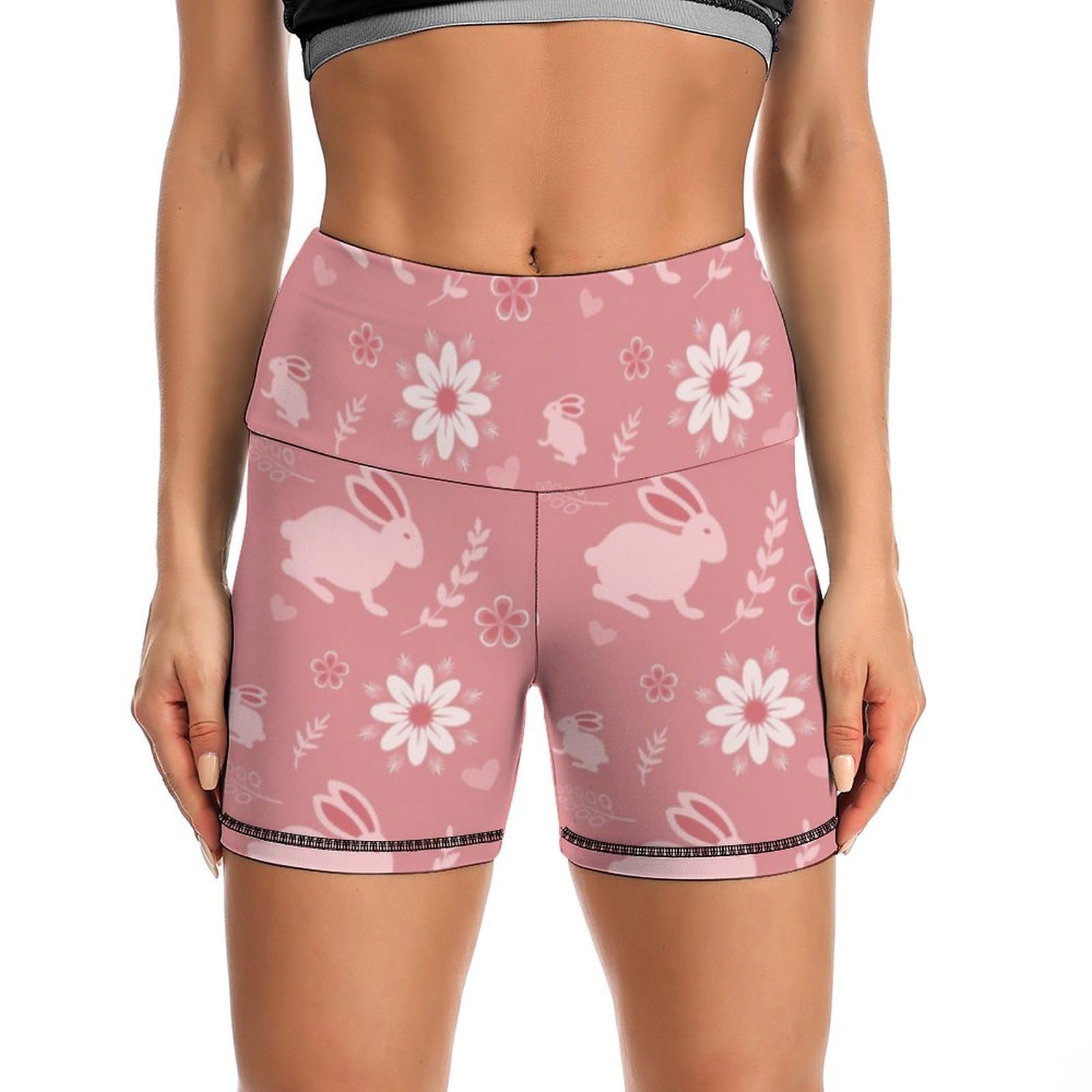 Cute Rabbit Pattern High Waist Yoga Shorts for Women Athletic Shorts Leggings Running Pants Black