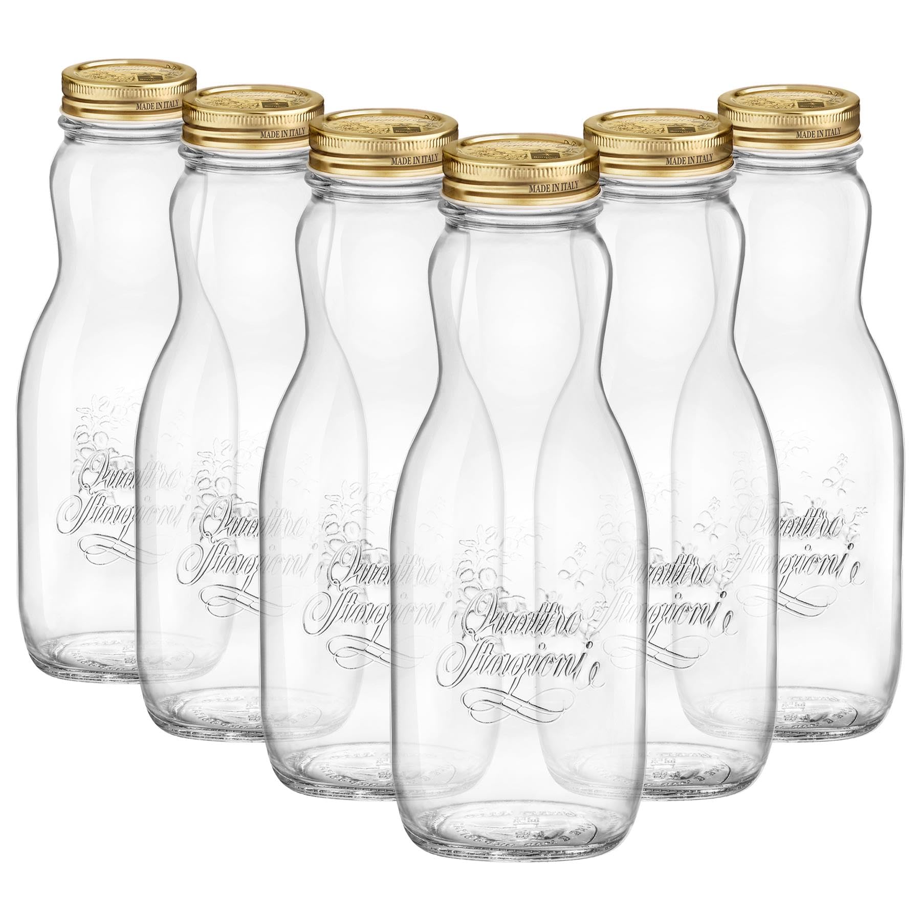 Bormioli Rocco Transparent 6X 1L Quattro Stagioni Glass Juice Bottles With Screw Top Lid - Clear Reusable Water Smoothie Milk Drink Fridge Storage Containers