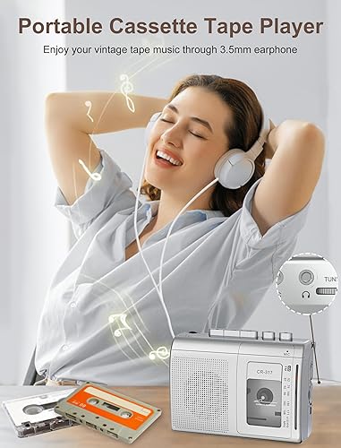 Miniatura 8 de Grabadora de casete con transmisor Bluetooth, Walkman, reproductor de cassette AM FM portátil con altavoz grande, conector estéreo para auriculares,