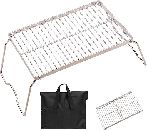 Vista 11 de REDCAMP Parrilla de fogata portátil de 12 pulgadas, acero inoxidable 304, parrilla plegable de fogata con parabrisas patas ajustables en altura