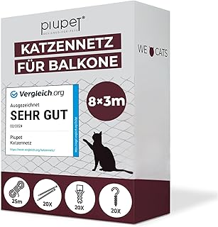 PiuPet® Katzennetz für Balkon I 8x3m I transparent I inklusive Montagematerial I Katzennetz | Katzenschutz Fenster I Katzen Balkonnetz I Ideal für uneingeschränkte Sicht