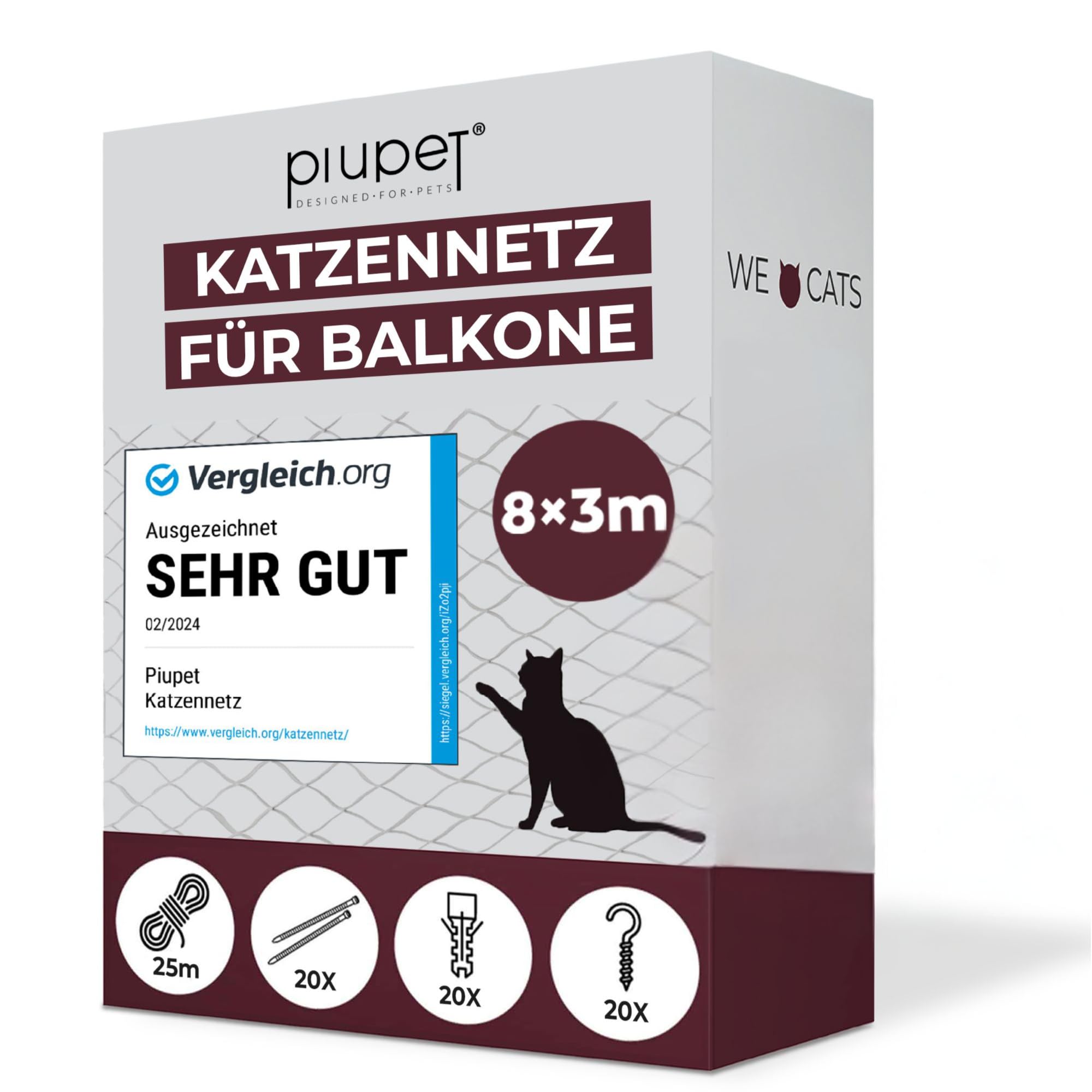 PiuPet® Katzennetz für Balkon I 8x3m I transparent I inklusive Montagematerial I Katzennetz | Katzenschutz Fenster I Katzen Balkonnetz I Ideal für uneingeschränkte Sicht