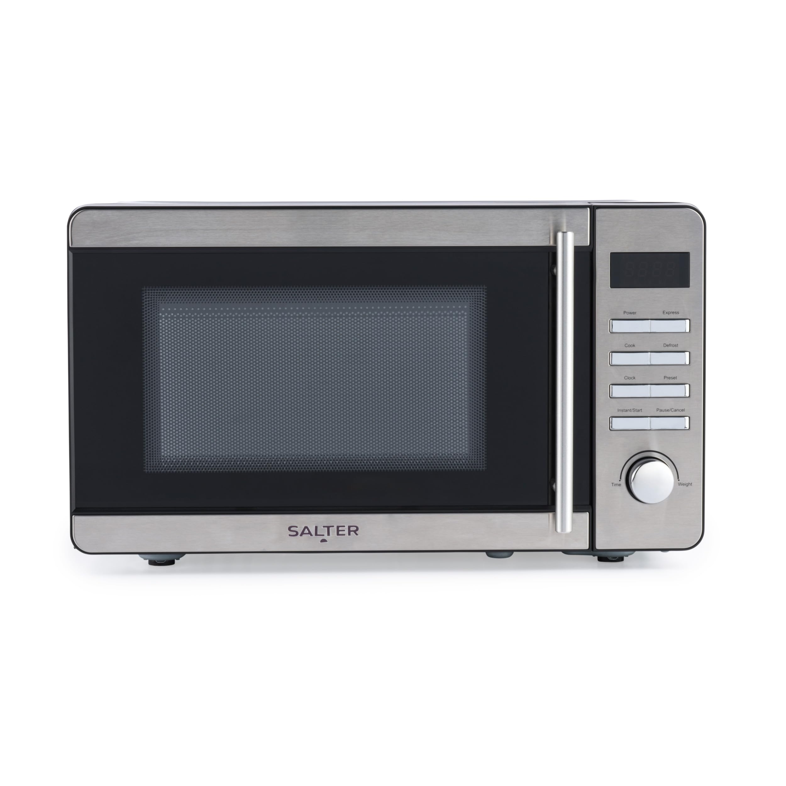 Salter 20 Litre Digital Microwave – 60-Minute Timer, Defrost Function, 27cm Turntable, Even Cooking, Time/Weight Controls, Instant Start, 45.1 x 35.4 x 25.8 cm, Stainless Steel Finish, 800W