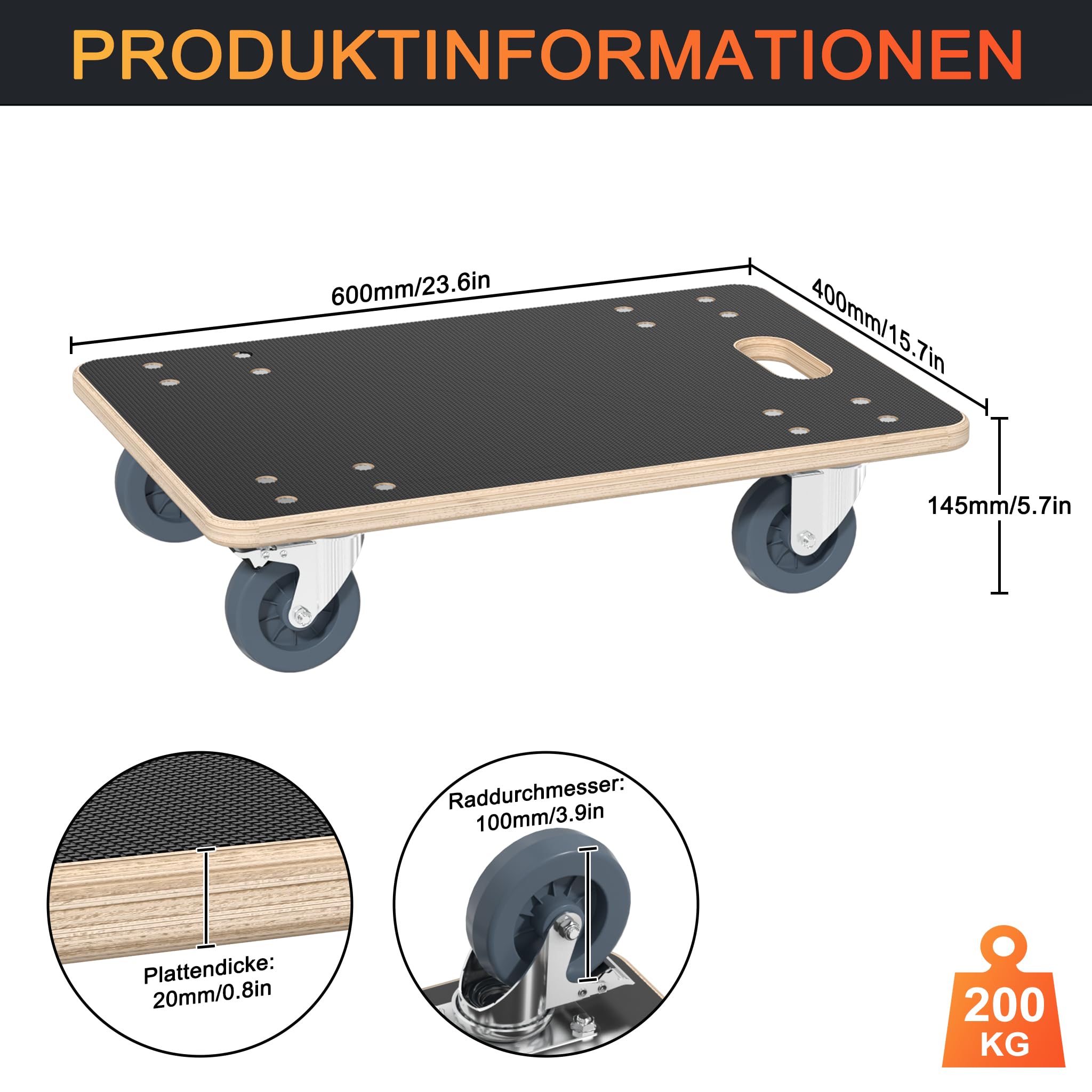 YRHome Rodillo de transporte con freno de pie, asa de freno, tabla de transporte, 60 x 40 x 14,5 cm, hasta 200 kg, resistente al agua, antideslizante, para mudanzas, muebles, perros, ruedas, 2