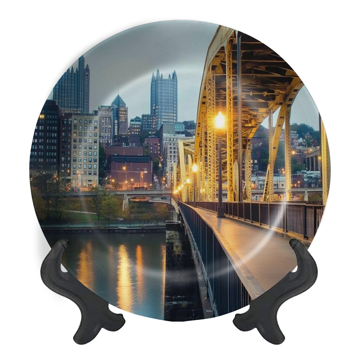 Decorative Plates for Display Pittsburgh Pennsylvania Night Skyline from Roberto Clemente Bridge Gift Plates Ceramic Collections Plates Hanging Artwork for Living Dining Room Kitchen Souvenir