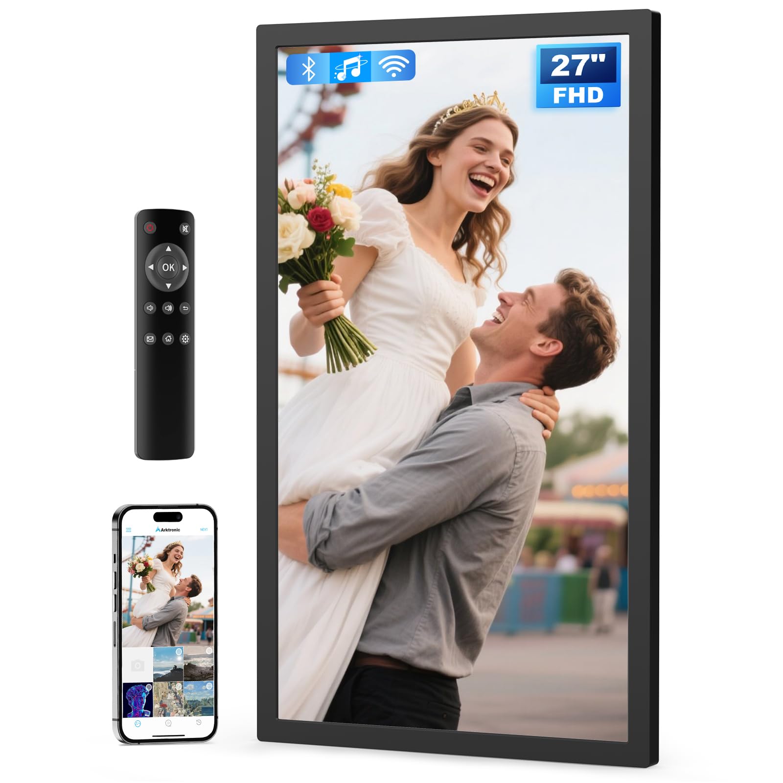 27" Large Digital Picture Frame, 64GB, Anti-Glare Non-Touch, WiFi Wall-Mount Frame for Home/Business, 1920x1080 FHD, Share via App, Email, USB &amp; Micro SD, Remote Included, Black