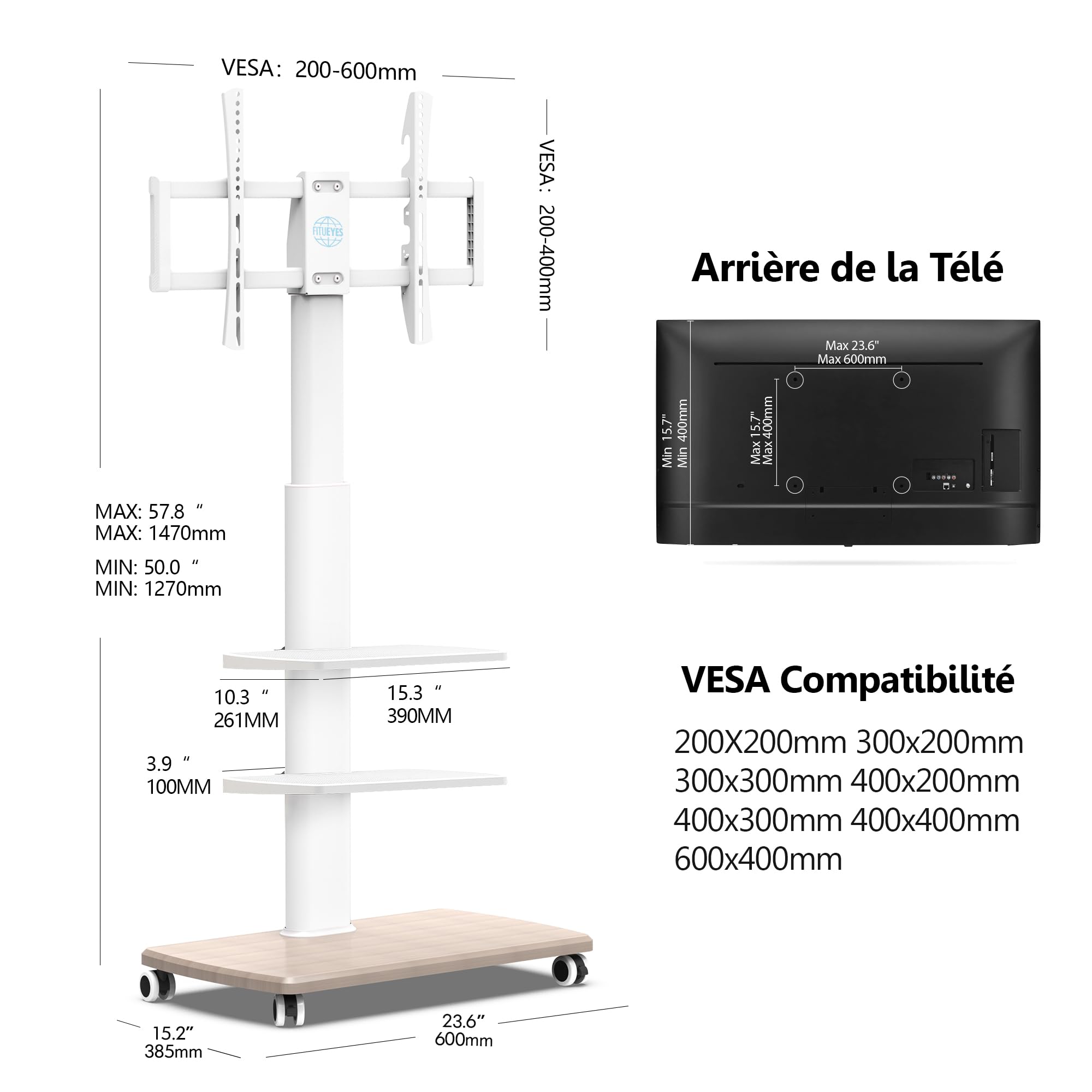 FITUEYES Support TV roulettes avec Pied en Bois pour TV de 32 à 70 Pouces,Support TV sur Pied 6 Réglables en Hauteur Pivotant 60° jusqu'à 40 KG- Max VESA 600X400 MM-Gestion des câbles