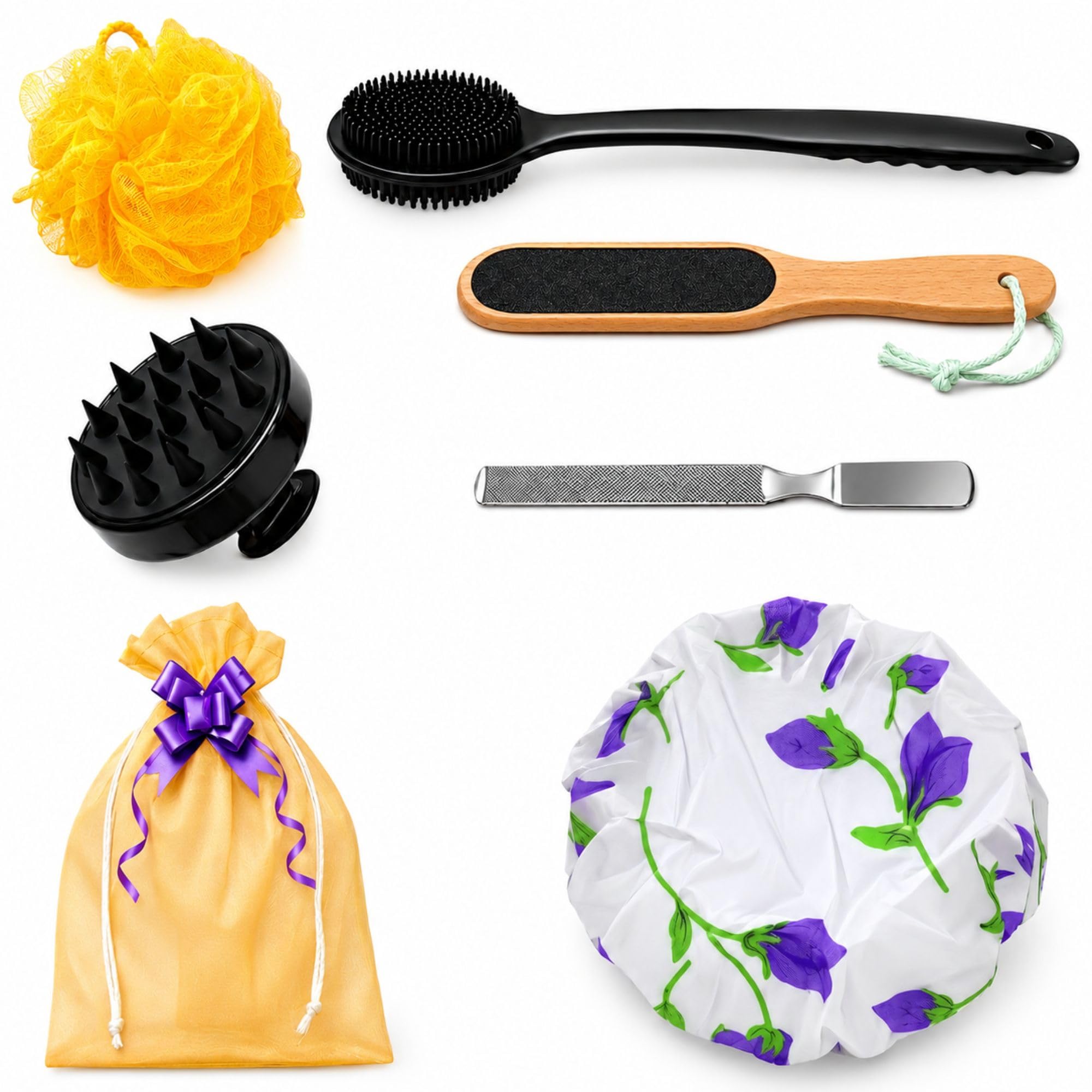 5-in-1 Bathing Kit for Women | Bath Accessories Set with Silicone Body Scrubber for Bathing Long Handle, Bath Shower Sponge Yellow Loofah, Wooden Foot File Scrubber, Scalp Massager & Stainless Steel Nail Filer | Self Care & Spa Gift Set with Drawstring Pouch-image-30