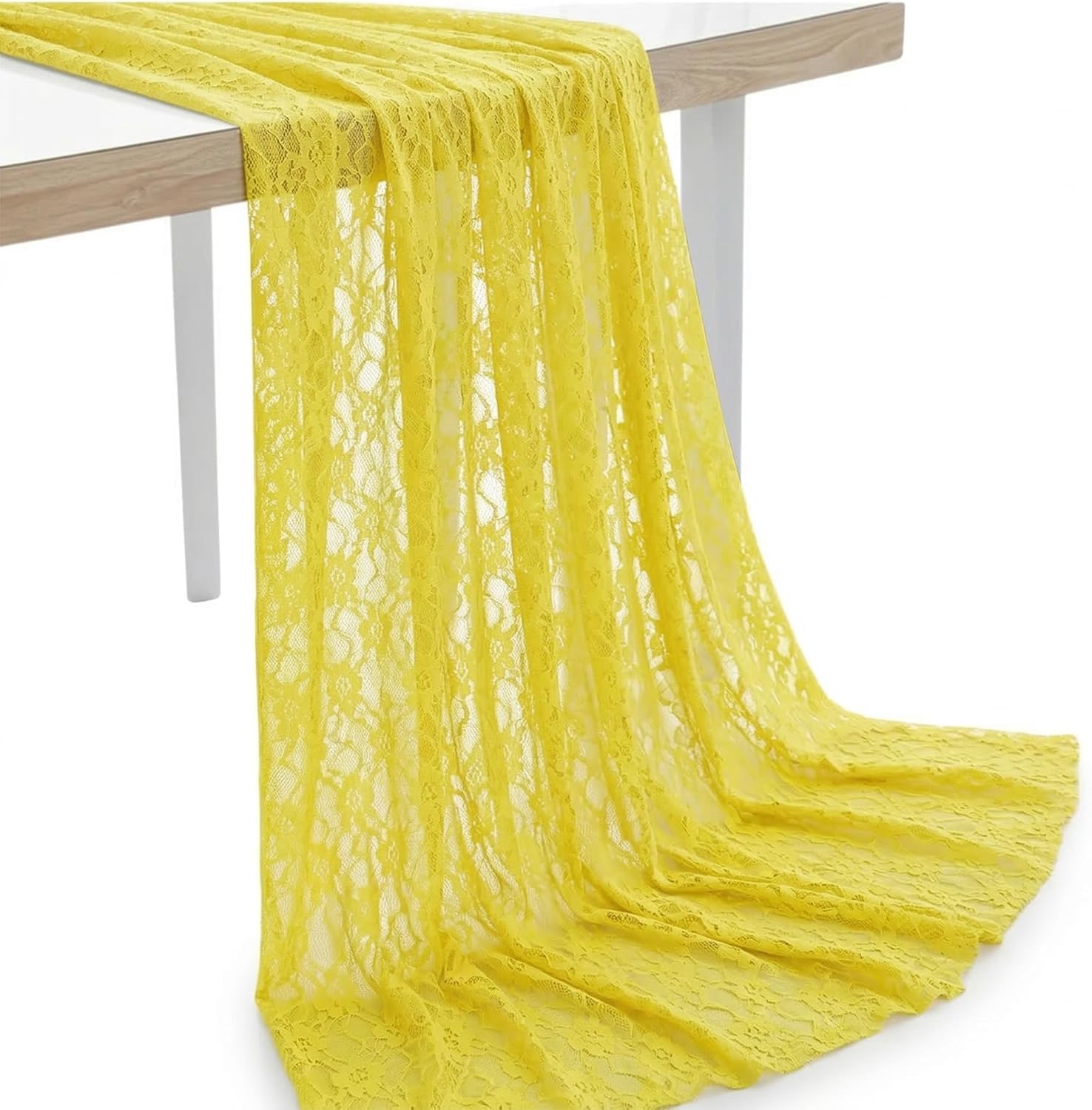 MDS Pack of 5 Yard Long x 55” Wide Lace Fabric, Floral Pattern Vintage Rachelle Lace Trim Fabric Bolt by Yard for Wedding Bridal Dress Fashion Crafts DIY Party Home Decor Multipurpose - Yellow