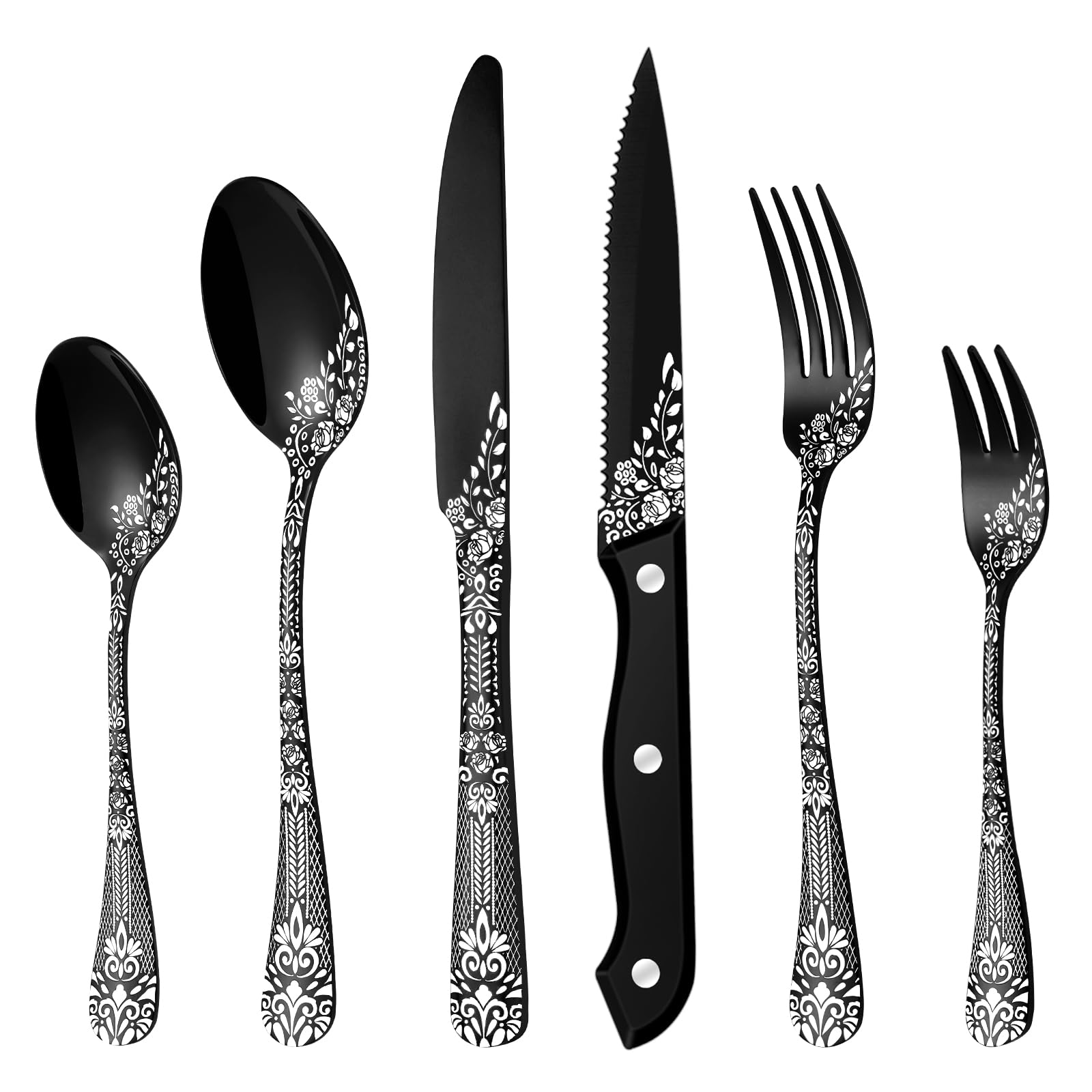HONKKU Besteck Set für 6 Personen, Edelstahl Besteckset Spiegel Polierter mit Blumenmustern