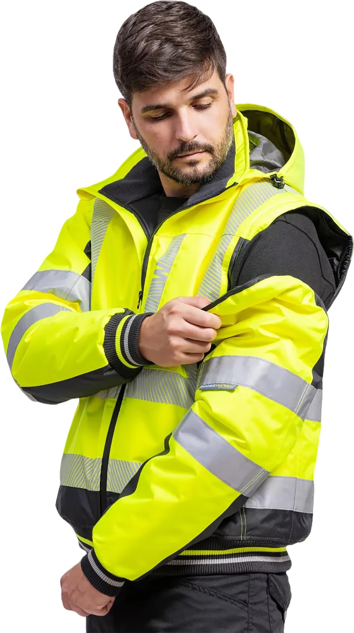 WORKTEAM Cazadora Piloto Alta Visibilidad Impermeable Acolchada con Mangas Desmontables, Capucha, Cintas Reflectantes Segmentadas, para Frío Intenso (580 gr/m2), Hombre