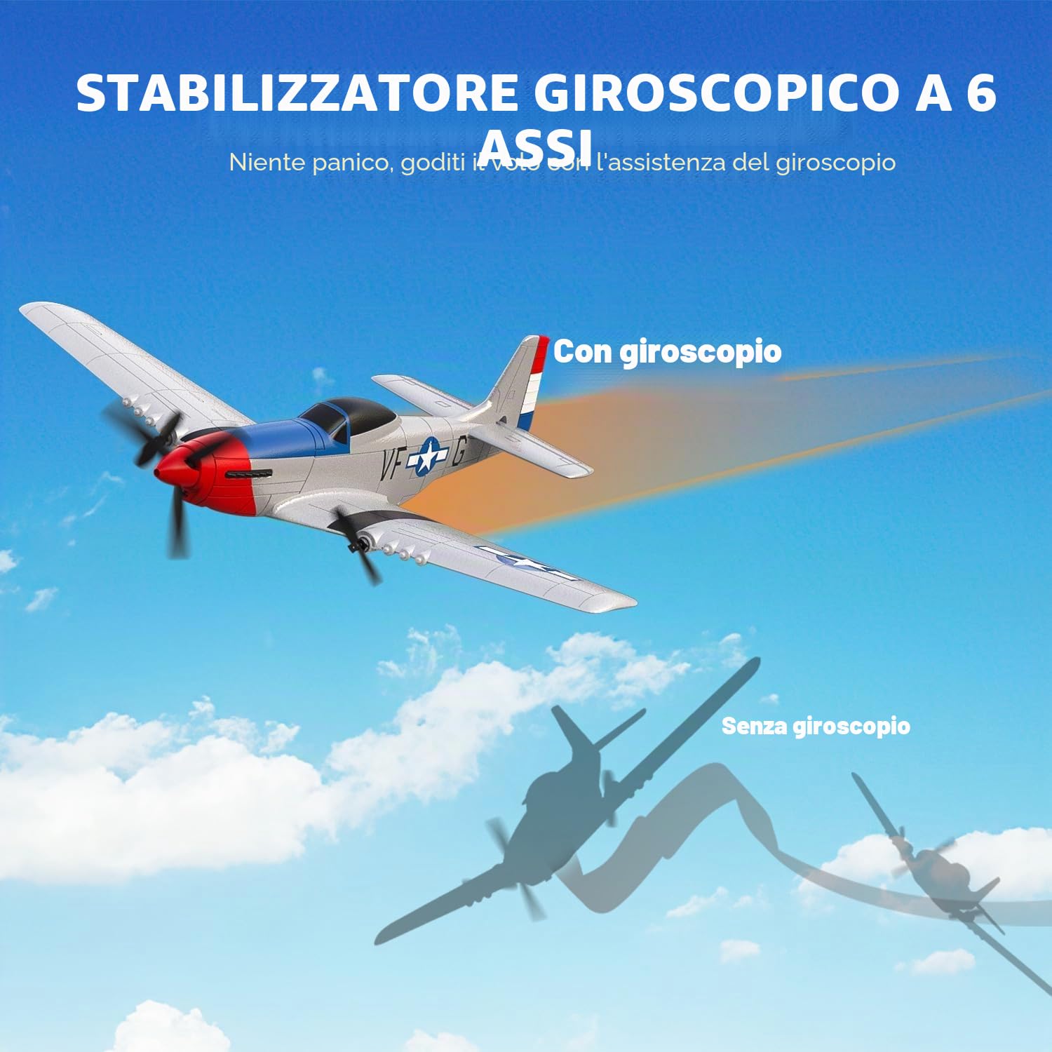 volantexrc P51D Mustang 3 Canali AereoRadiocomandato RTF con 2 Batterie 3CH RC Plane RTF RC Giocattolo aliante per Principianti, Bambini, Adulti
