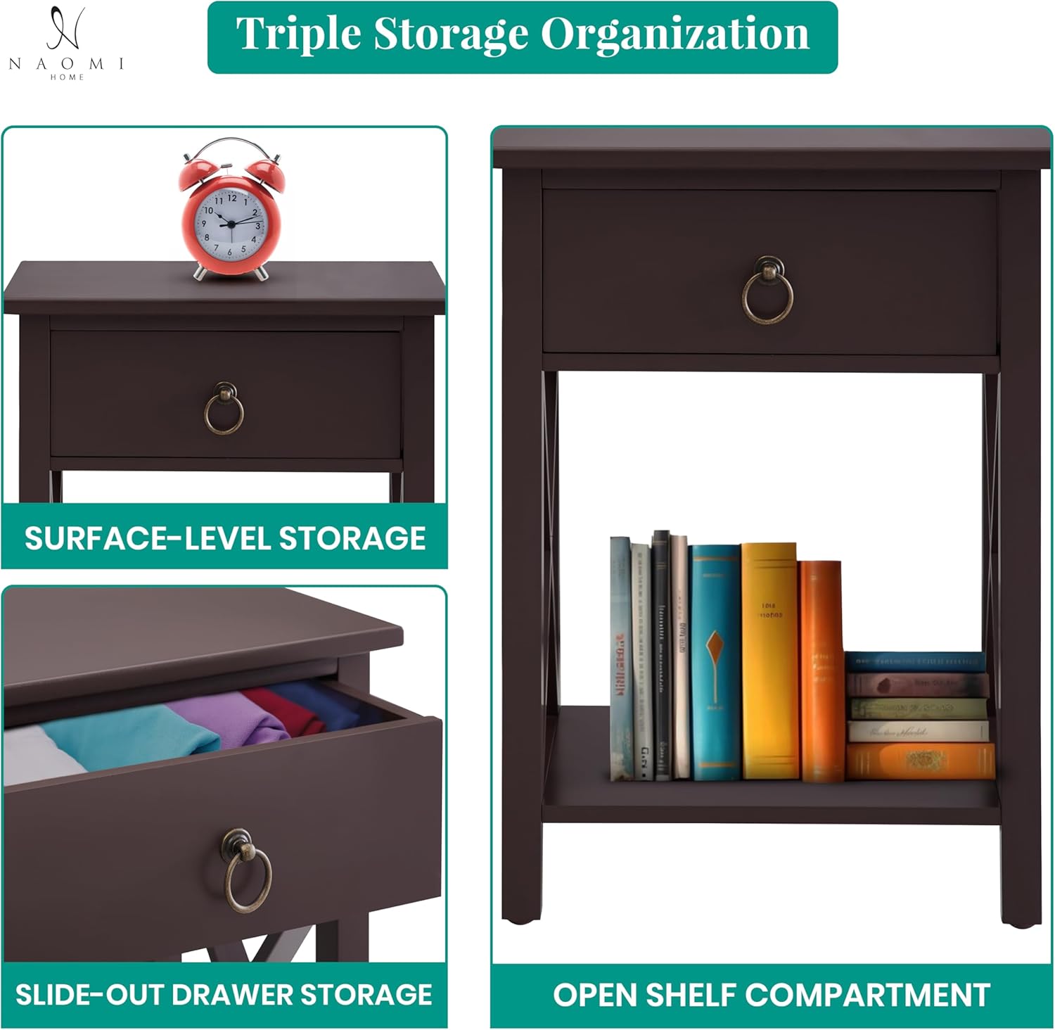 Espresso Solid Wood Small End Table with Drawer and Shelf