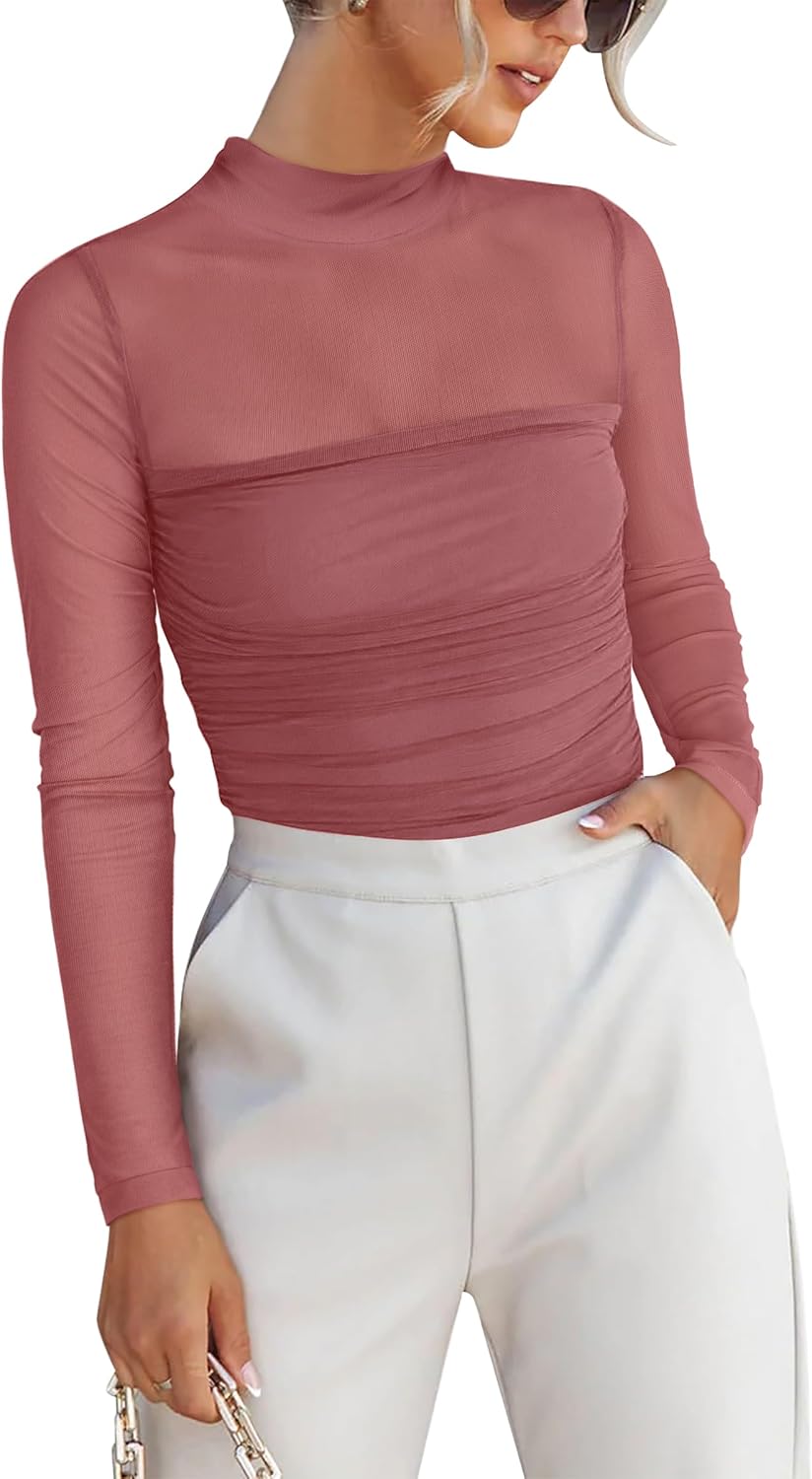 Trendy Women’s Sheer Mesh Long Sleeve Mock Neck Tops 2025