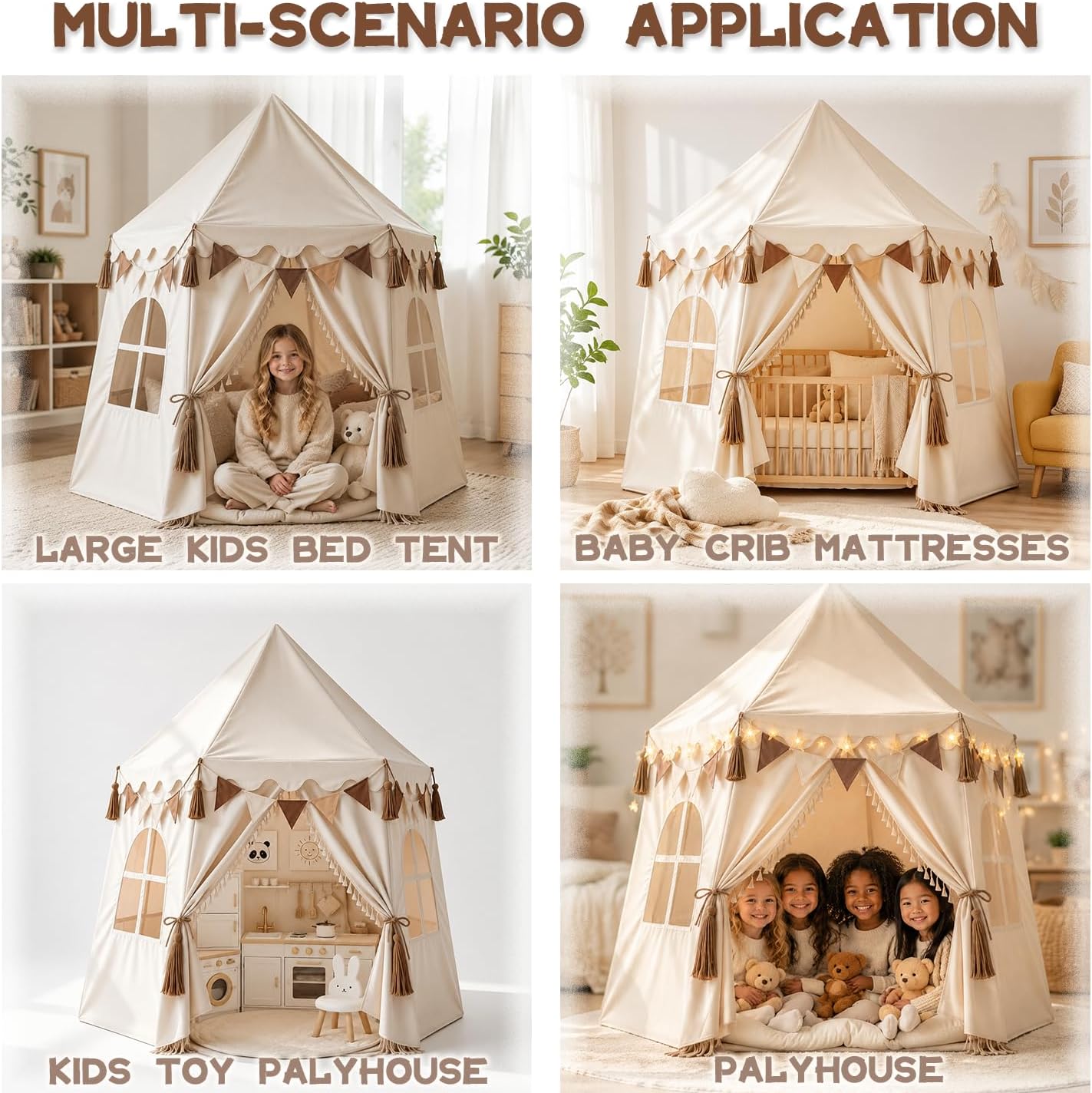 Extra Large Boho Kids Play Tent, 59" x 53" (DxH) | Star lights, bunting flags & tassels,Machine washable,Birthday gift for boys & girls,Indoor & outdoor playhouse