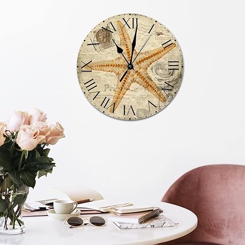 Miniatura 70 de ArogGeld Reloj de pared con diseño de estrella de mar antigua francesa, de cloruro de polivinilo, con números romanos, de 10 pulgadas, funciona