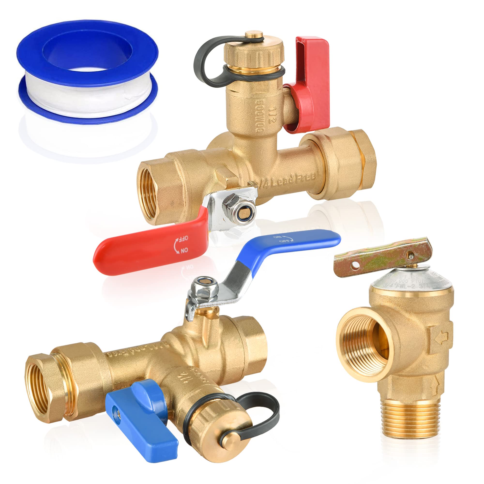 3/4" IPS Isolator Tankless Water Heater Service Valve Kit, with Pressure Relief Valve, Clean Brass Construction