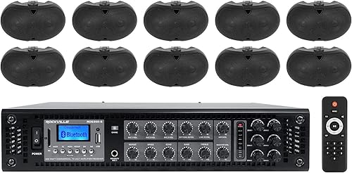Rockville Amplificador de 6 zonas+10 altavoces de pared dobles negros de 4 "70v para restaurantebar