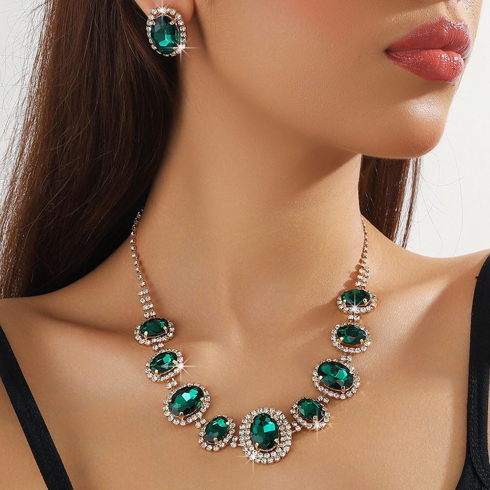 Octwine Silver Black Green Rhinestones Women Bridal Necklace Earrings Set Wedding Rhinestone Necklace Dangle Earrings Sets for Brides Bridesmaid Crystal Prom Party Accessories for Women - Image 2