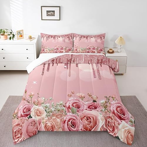 Manfei Juego de edredón con purpurina rosa para niños, tamaño matrimonial, juego de ropa de cama con estampado floral de flores rosas y blancas de 3