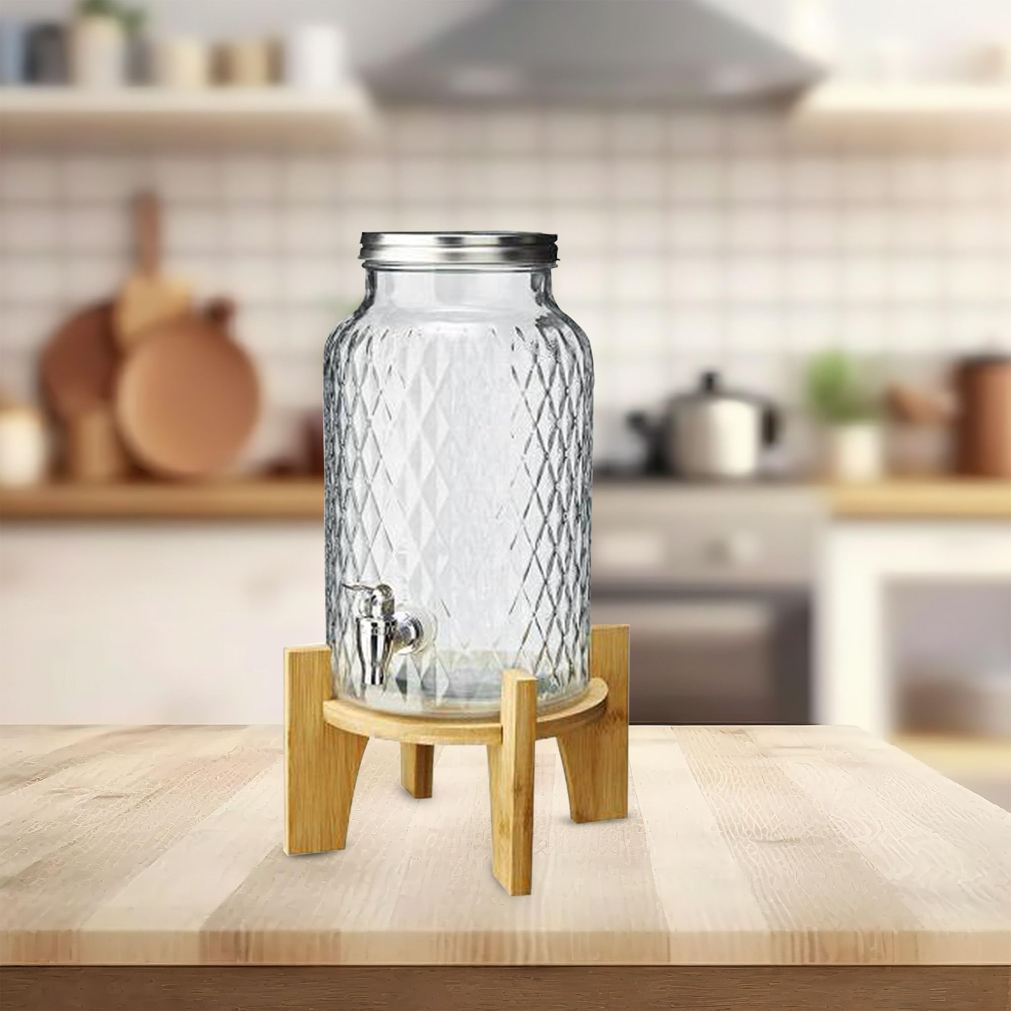 MAQA Dispenser per bevande in vetro con rubinetto, coperchio e supporto in faggio - adatto per acqua, bevande calde e fredde - dispenser da 5,6L