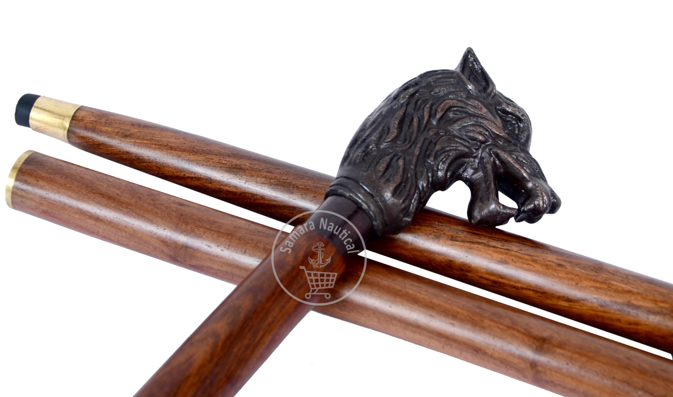 Antique Wolf Head Brass Handle Brown Wooden Walking Stick, Wood Cane with Antique Brass Handle - Image 4